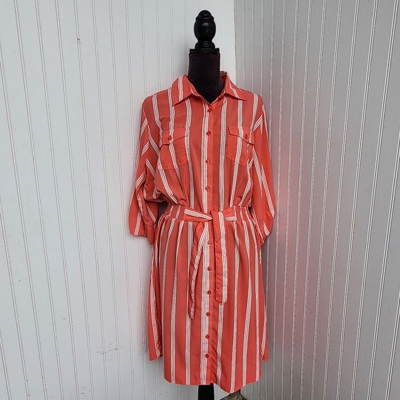 Millenium Shirt Dress Women Button Up Pockets Short Sleeve Striped Coral Pink 1X - Picture 1 of 15